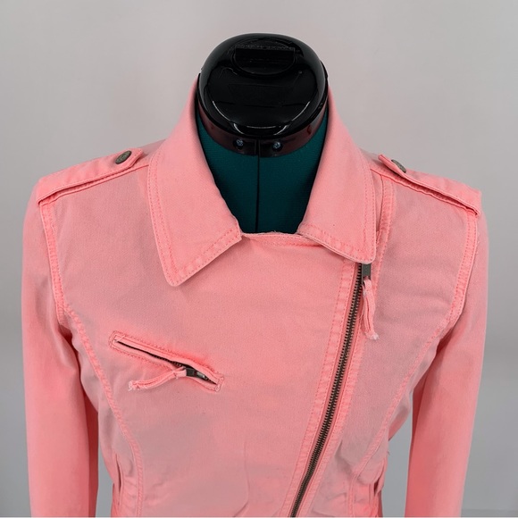 Zara TRF Premium Wash Salmon Pink Moto-Style Lightweight Denim Jacket, Small - Picture 4 of 16